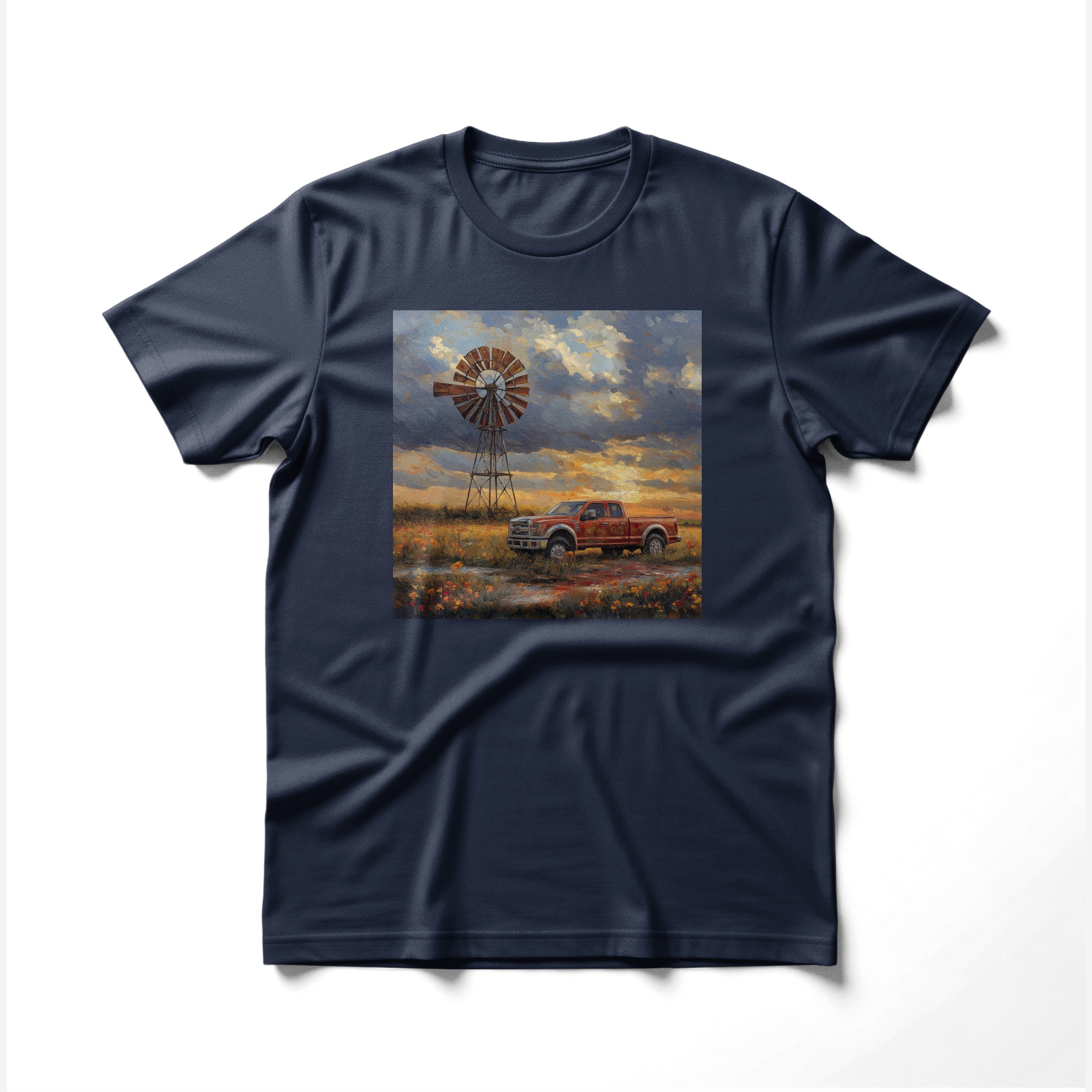 Countryside Sunset T-Shirt, Vintage Pickup Truck Windmill Art, Rustic Farm Scene, Golden Hour Prairie Oil Painting Tee, Classic Truck Top - Image 5