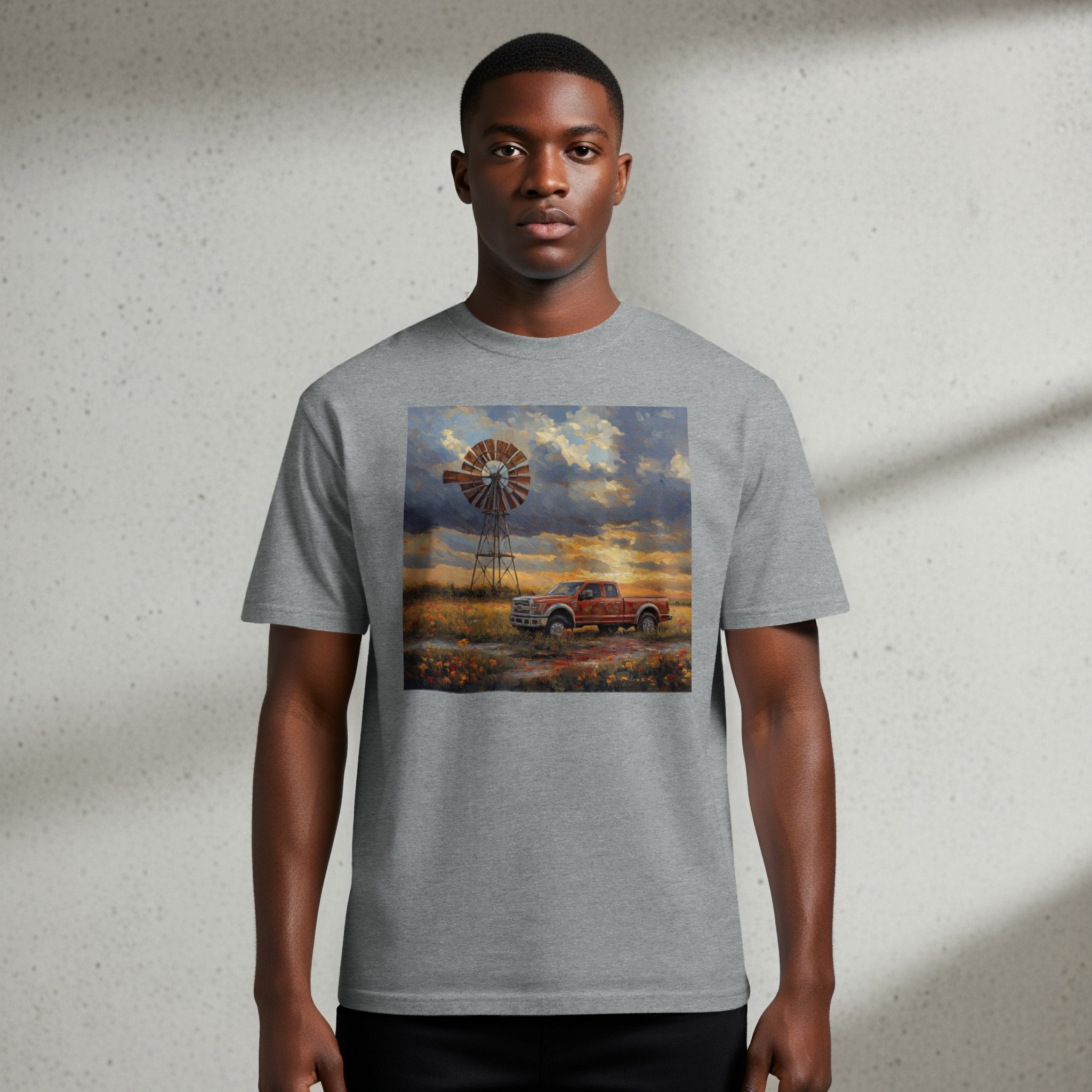 Countryside Sunset T-Shirt, Vintage Pickup Truck Windmill Art, Rustic Farm Scene, Golden Hour Prairie Oil Painting Tee, Classic Truck Top - Image 4