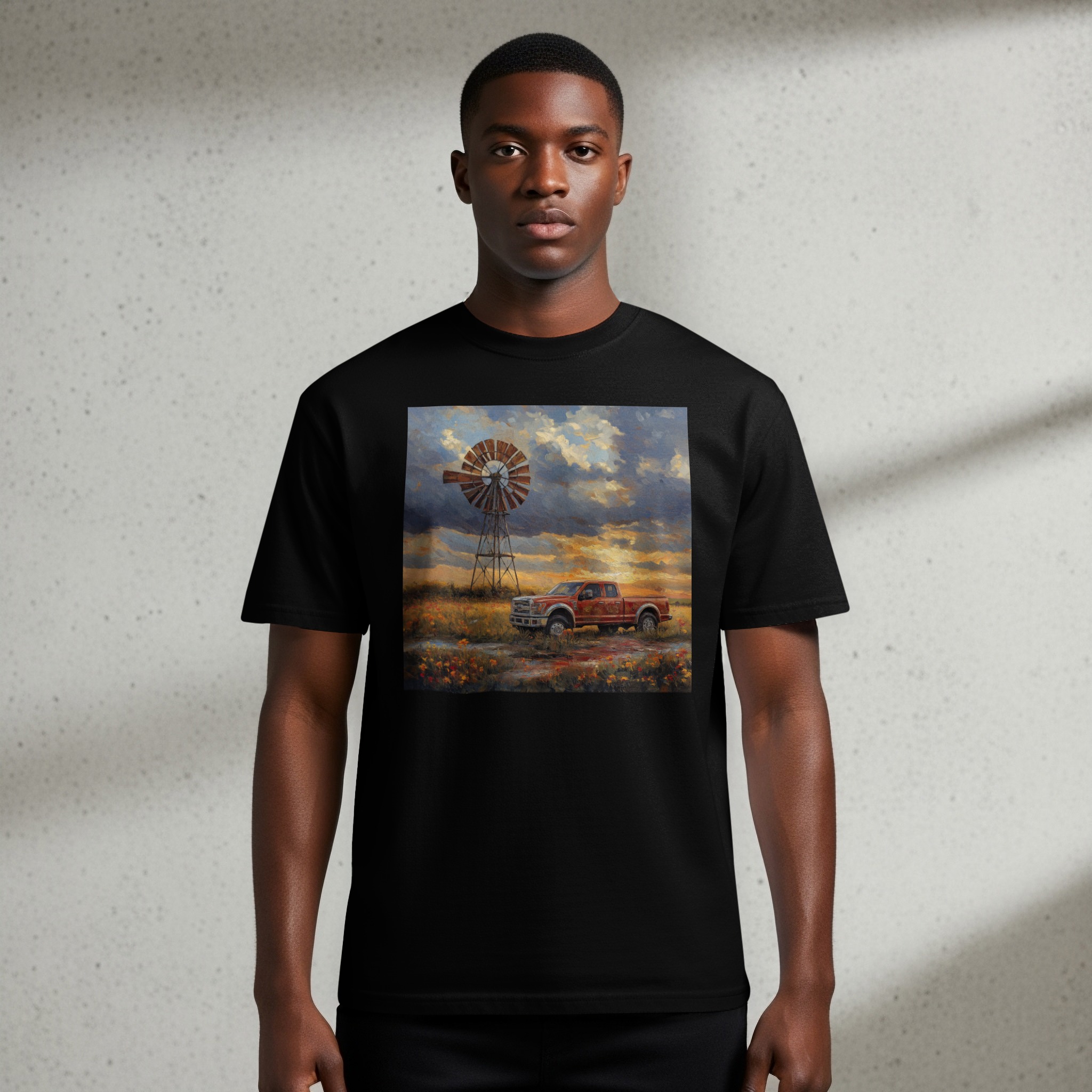 Countryside Sunset T-Shirt, Vintage Pickup Truck Windmill Art, Rustic Farm Scene, Golden Hour Prairie Oil Painting Tee, Classic Truck Top - Image 2