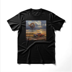 Countryside Sunset T-Shirt, Vintage Pickup Truck Windmill Art, Rustic Farm Scene, Golden Hour Prairie Oil Painting Tee, Classic Truck Top