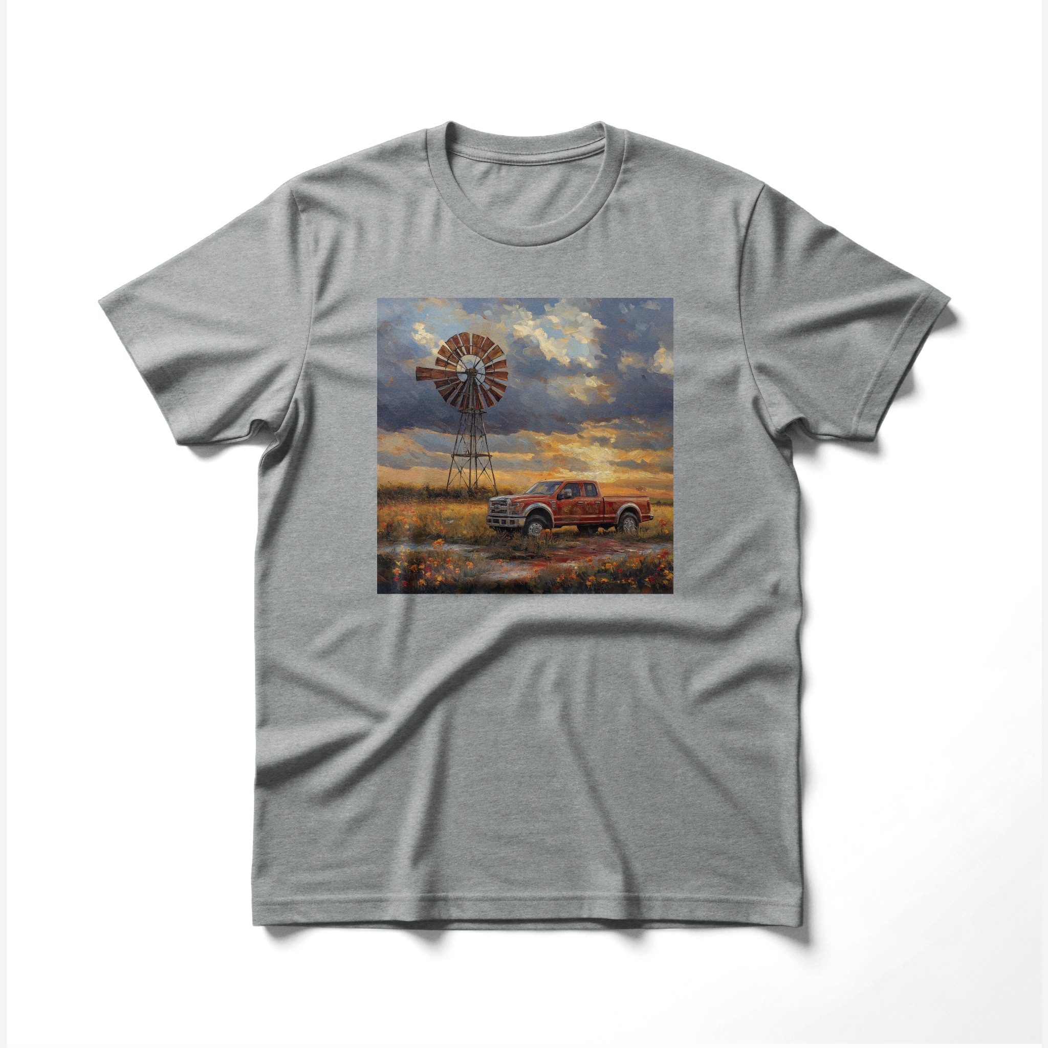 Countryside Sunset T-Shirt, Vintage Pickup Truck Windmill Art, Rustic Farm Scene, Golden Hour Prairie Oil Painting Tee, Classic Truck Top - Image 3