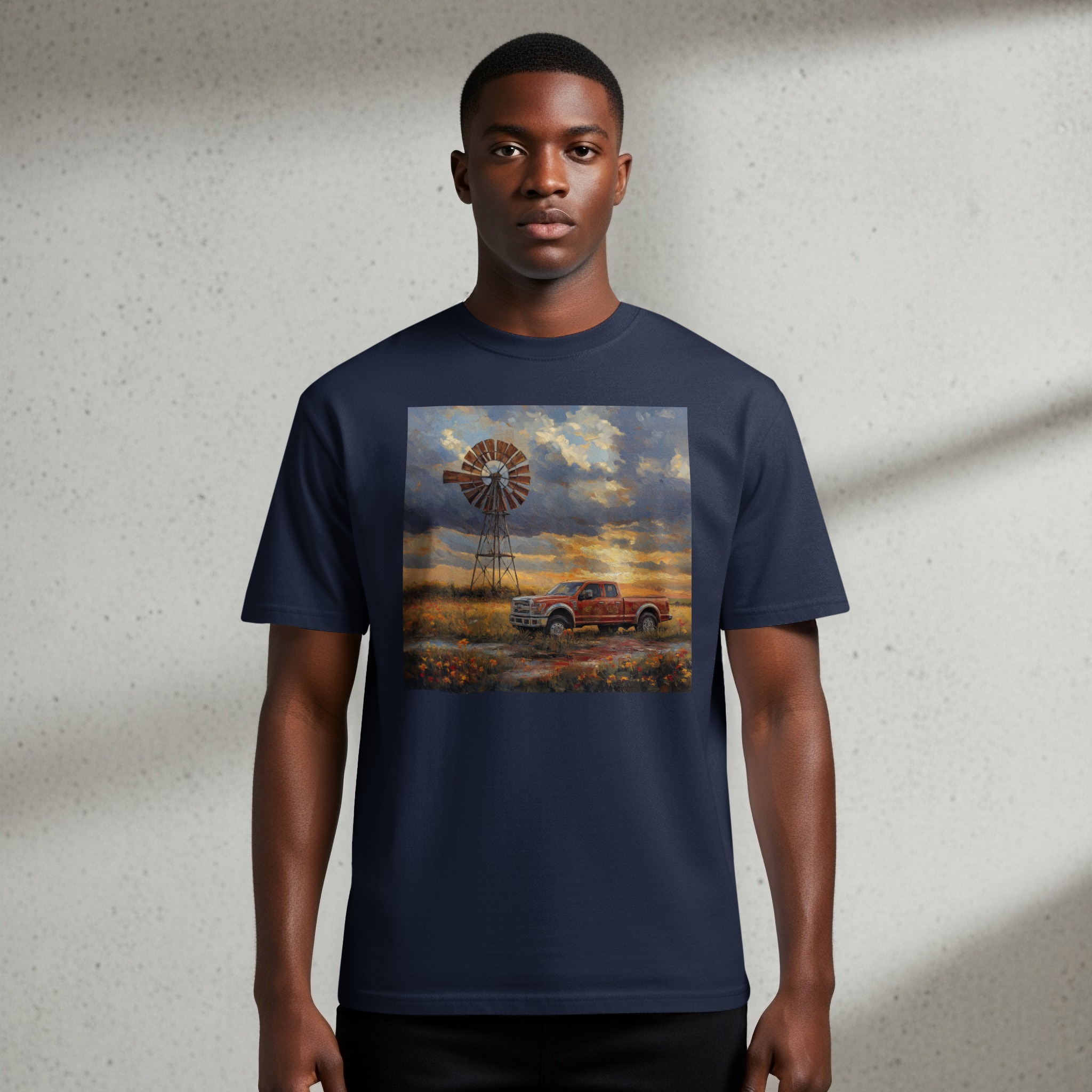 Countryside Sunset T-Shirt, Vintage Pickup Truck Windmill Art, Rustic Farm Scene, Golden Hour Prairie Oil Painting Tee, Classic Truck Top - Image 6
